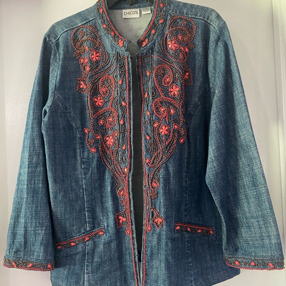 Chico's Denim Jacket with Red Beading Size 2